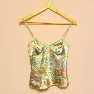 70s style silk n lace floral tank top small
